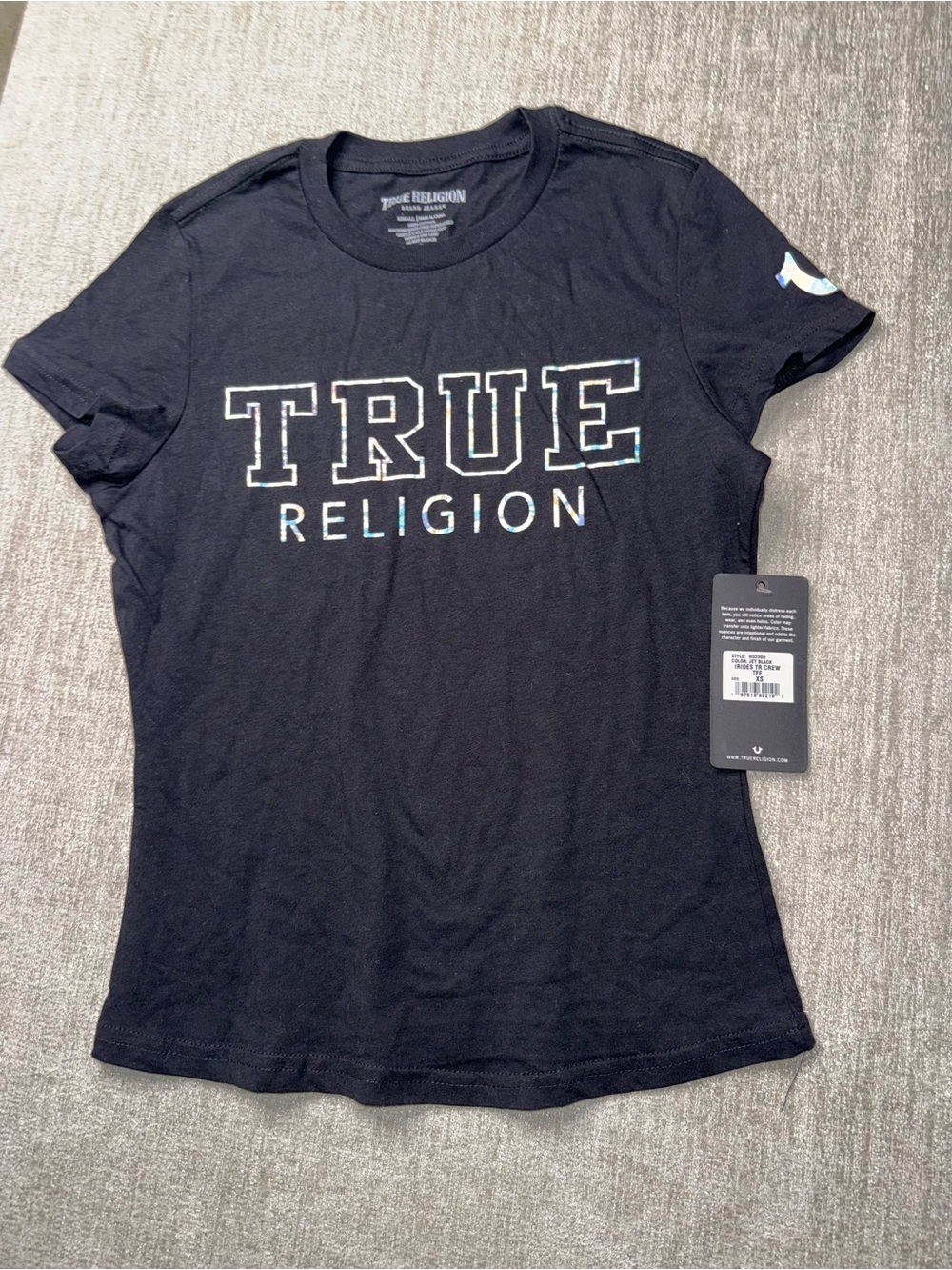 NWT True Religion Women’s XS Iridescent Logo Crew Neck Tee Black